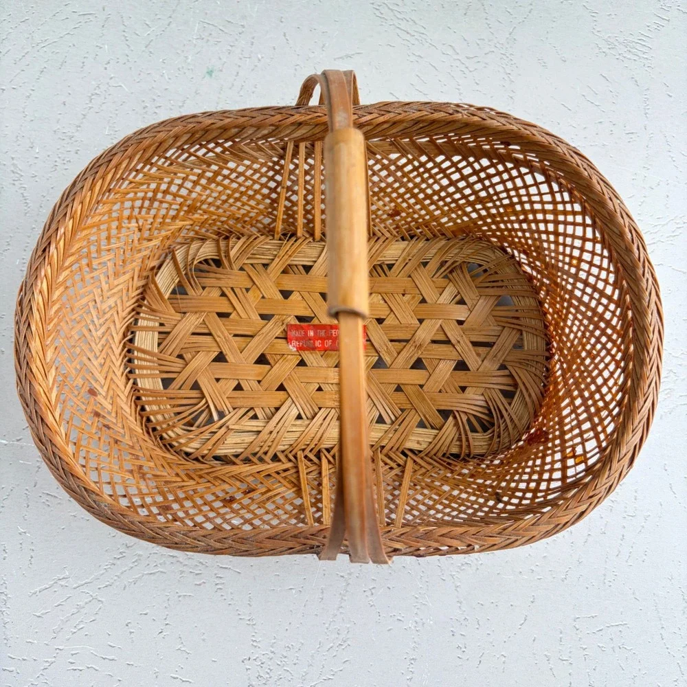 Vintage Woven Bamboo Basket Oval Lattice Boho Decor